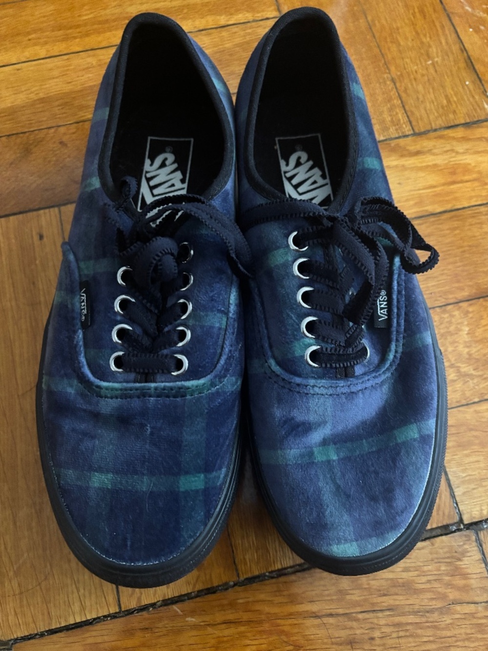 Rare Vans Velveteen Plaid Sneakers – Blue & Green Velvet Low-Tops, Size W8/M6.5